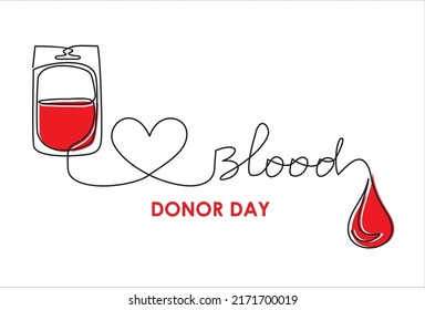 One continuous single line of blood donation bag with tube shaped as a heart isolated on white background.
