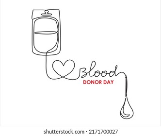 Una línea continua de una bolsa de donación de sangre con tubo en forma de corazón aislado en fondo blanco.