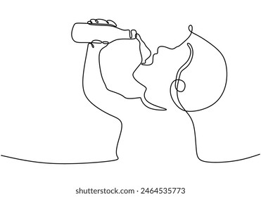 one continuous single line of boy drinking mineral water from bottle isolated on white background. Thirsty Kids drinking mineral water from bottle.