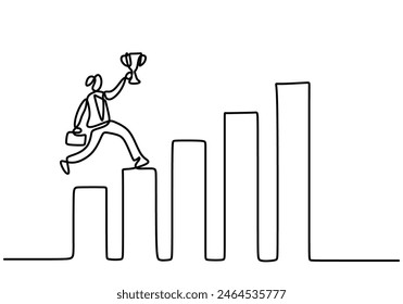 One continuous single line of businessman bring trophy jumping on growing graphic isolated on white background. Market and investment concept vector illustration.