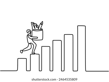One continuous single line of businessman bring stationery on growing graphic isolated on white background. Market and investment concept vector illustration.