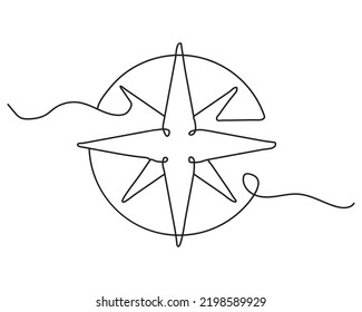 One continuous single line of compass for navigation isolated on white background.