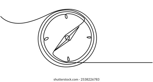 One continuous single line of compass for navigation isolated on white background, Traveller compass of different design. Single one line drawing equipment for exploration and navigation. Continuous.