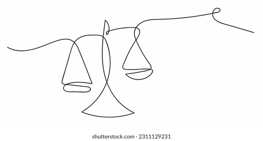 One continuous single line of court legal scales isolated on white background	