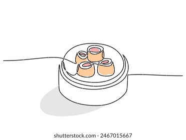 One continuous single line of dim sum hand drawn isolated on white background. Korean food dim sum vector illustration.