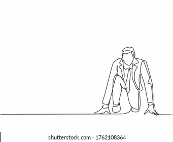 One continuous single line drawing of young happy businessman gets ready to doing sprint run on running track, from front view. Business race concept trendy single line draw design vector illustration