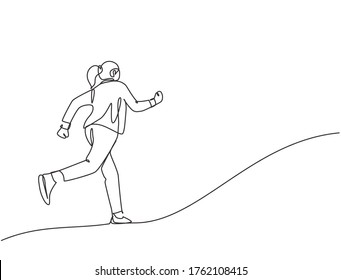 One continuous single line drawing of young happy energetic businesswoman doing running exercise to reach finish line, from rear view. Business race concept single line draw design vector illustration