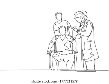One continuous single line drawing young female doctor giving consultation session to the patient wheelchair  Medical health care treatment concept single line draw design vector illustration