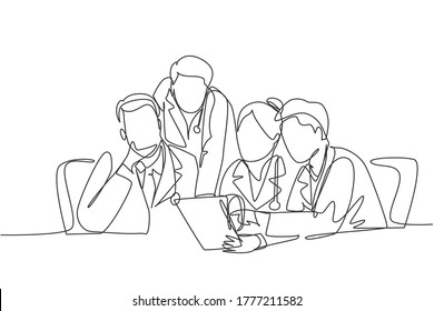 One Continuous Single Line Drawing Group Of Male And Female Doctors Discussing And Diagnosing Patient's Disease At Hospital Room. Medical Meeting Concept Single Line Draw Design Vector Illustration