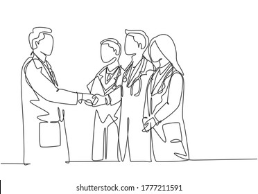 One continuous single line drawing of hospital head giving congratulate handshake to group of doctors for the achievements. Medical award concept single line draw graphic design vector illustration