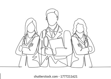 One continuous single line drawing group of young male and female doctors pose standing together while holding medical report. Teamwork medical concept single line draw design vector illustration