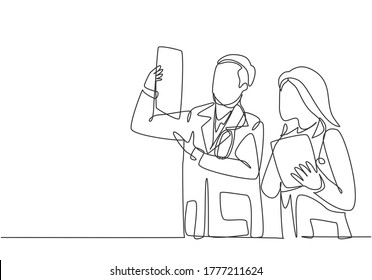One continuous single line drawing young male   female doctor discussing   diagnosing patient x  ray photo result together  Medical healthcare concept single line draw design vector illustration