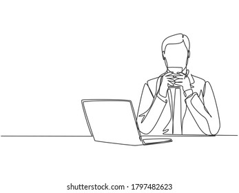 One continuous single line drawing of young happy marketing manager watching sales graph at laptop screen while enjoying aroma of the coffee. Drinking coffee concept cartoon design vector illustration