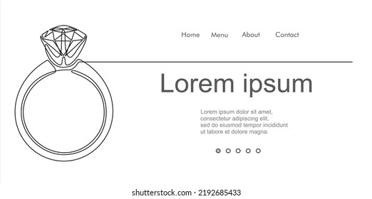 Un dibujo continuo de una sola línea de anillo con un diamante. Se puede usar para logotipo, emblema, presentación de diapositivas y banner. Ilustración con plantilla de presupuesto.