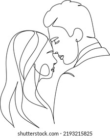 One continuous, single line  drawing of a woman and a man. Hugs of a young couple, lovers, woman and man. Doodles. Romantic.