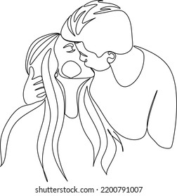 One continuous, single line  drawing of a woman and a man. Hugs of a young couple, lovers, woman and man. Doodles. Romantic.