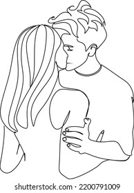 One continuous, single line  drawing of a woman and a man. Hugs of a young couple, lovers, woman and man. Doodles. Romantic.