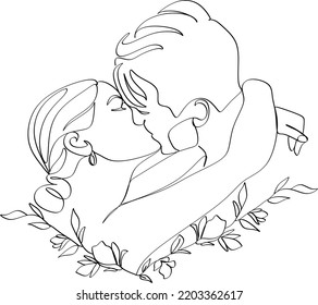 One continuous, single line  drawing of a woman and a man. Hugs of a young couple, lovers, woman and man. Doodles. Romantic.
