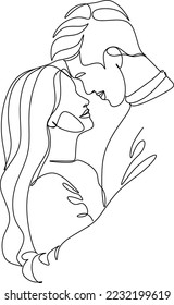 One continuous, single line  drawing of a woman and a man. Hugs of a young couple, lovers, woman and man. Doodles. Romantic.