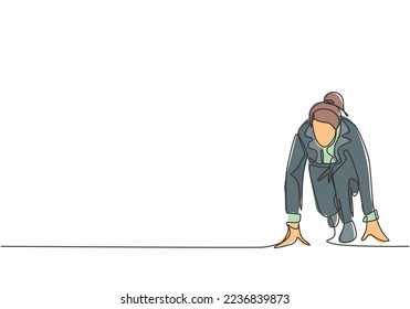 One continuous single line drawing of young happy businesswoman gets ready to doing sprint run on running track, from front view. Business race concept single line draw design vector illustration