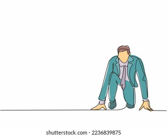 One continuous single line drawing of young happy businessman gets ready to doing sprint run on running track, from front view. Business race concept trendy single line draw design vector illustration