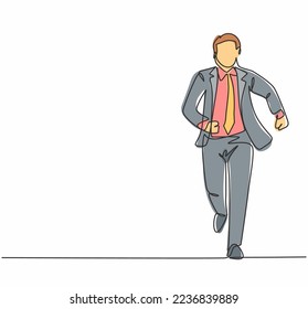 One continuous single line drawing of young male manager join run competition on running track to reach finish line. Business sprint race concept single line draw graphic design vector illustration