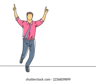 One continuous single line drawing of young happy businessman pointing his finger to the air after running cross the finish line. Business race concept single line draw design vector illustration