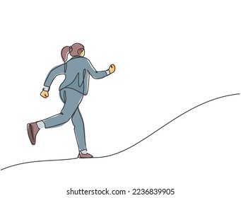 One continuous single line drawing of young happy energetic businesswoman doing running exercise to reach finish line, from rear view. Business race concept single line draw design vector illustration