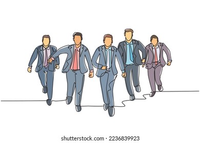 One continuous single line drawing of male managers wearing suit doing sprint race at the running track to reach finish line. Business Sprint race concept single line draw design vector illustration