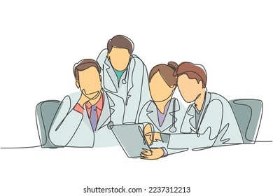 One continuous single line drawing group of male and female doctors discussing and diagnosing patient's disease at hospital room. Medical meeting concept single line draw design vector illustration