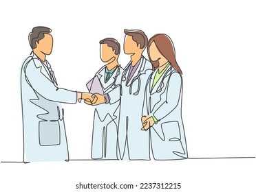 One continuous single line drawing of hospital head giving congratulate handshake to group of doctors for the achievements. Medical award concept single line draw graphic design vector illustration