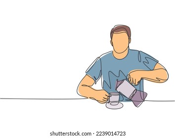 One continuous single line drawing of young attractive happy man pouring hot black and dark original coffee from coffee maker to a cup. Drinking tea concept cartoon design vector illustration