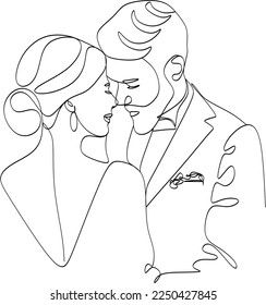 Un dibujo continuo de una sola línea de una mujer y un hombre. Abrazos de una pareja joven, amantes, mujeres y hombres. Ilustración de San Valentín.  Romántico.