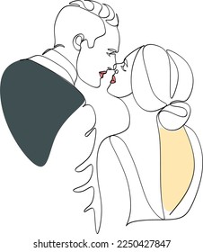One continuous, single line  drawing of a woman and a man. Hugs of a young couple, lovers, woman and man. Valentine's Day illustration.  Romantic.