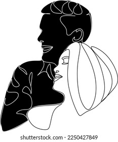 One continuous, single line  drawing of a woman and a man. Hugs of a young couple, lovers, woman and man. Valentine's Day illustration.  Romantic.