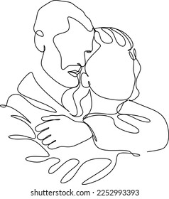 One continuous, single line  drawing of a woman and a man. Hugs of a young couple, lovers, woman and man. Valentine's Day illustration.  Romantic.