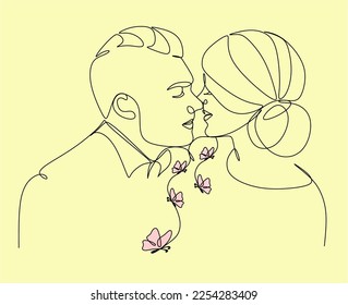 One continuous, single line  drawing of a woman and a man. Hugs of a young couple, lovers, woman and man. Doodles. Romantic.