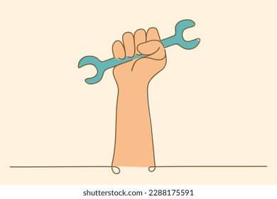 One continuous single Line Drawing of Hand holding Wrench isolated on beige retro Background. Minimalist background, banner, card. 1st may, Happy Labor Day Holiday. Auto service concept. Vector EPS10