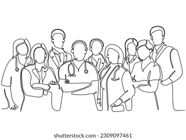 Eine durchgängige, einzeilige Zeichnungsgruppe junger männlicher und weiblicher Ärzte, die sich mit medizinischen Berichten zusammensetzen. Teamwork Medical Concept - Single Line Design Vektorgrafik