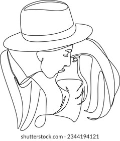 One continuous, single line  drawing of a woman and a man. Hugs of a young couple, lovers, woman and man. Doodles. Romantic.