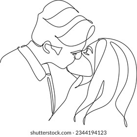 One continuous, single line  drawing of a woman and a man. Hugs of a young couple, lovers, woman and man. Doodles. Romantic.