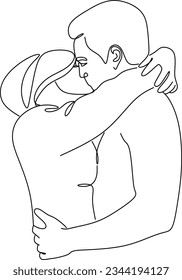 One continuous, single line  drawing of a woman and a man. Hugs of a young couple, lovers, woman and man. Doodles. Romantic.