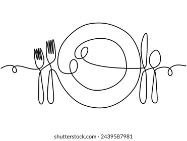 One continuous single line drawing of plate, spoon, fork and knife