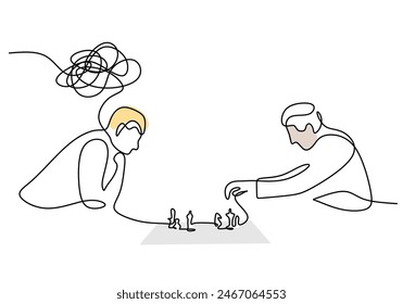 One continuous single line drawing two man siting and playing chess game together isolated on a white background