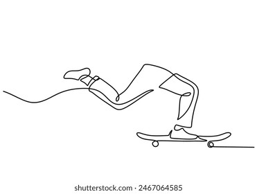 un dibujo continuo de una sola línea de skateboarding. piernas con pantalones que llevan zapatos montando skateboard. Ilustración vectorial de concepto deportivo aislado sobre fondo blanco.