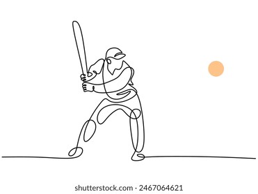 One continuous single line drawing of man cricket player stance standing to receive and hit ball vector illustration. Sport concept.