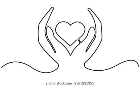 One continuous single line drawing of hand give love isolated on white background minimalism design, One continuous line drawing of hand holding heart. Support concept.