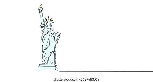 One continuous single line drawing of liberty statue isolated on white background.