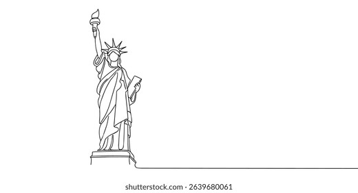 One continuous single line drawing of liberty statue isolated on white background.