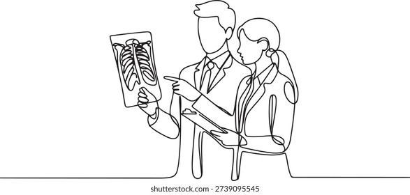 One continuous single line drawing of young male and female doctor discussing and diagnosing patient x-ray photo result together. Medical healthcare concept. one line Icon drawing
